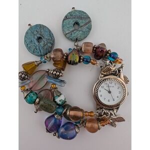 Geneva Watch Women Silver Tone 26mm Case Multicolor Beaded Band- New Battery